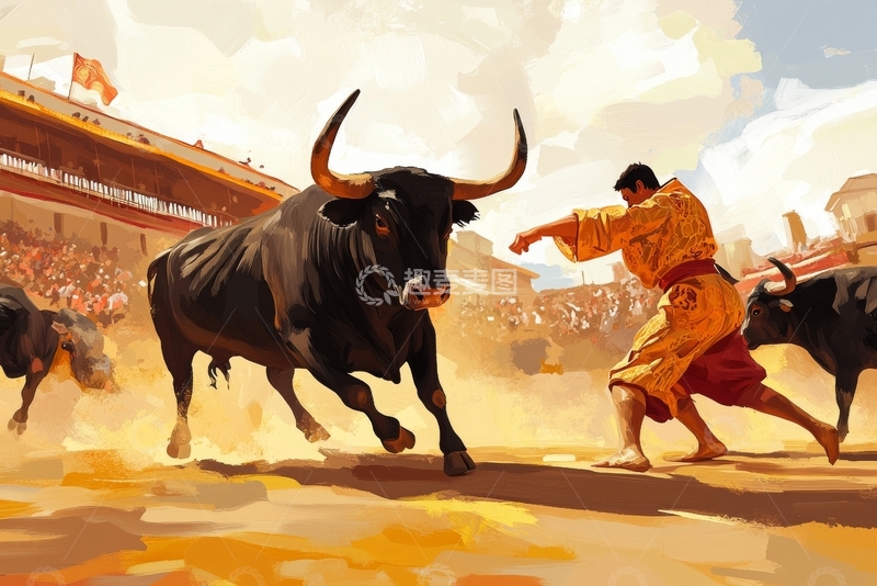 高清大图下载【趣麦麦图】斗牛士与公牛的激烈对决
