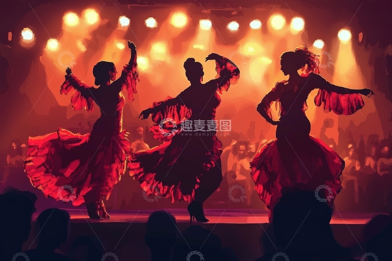 高清大图下载【趣麦麦图】舞台上的三位舞者剪影