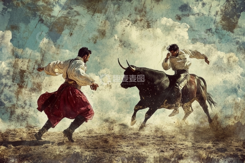 高清大图下载【趣麦麦图】斗牛士与骑马者在尘土飞扬中对决