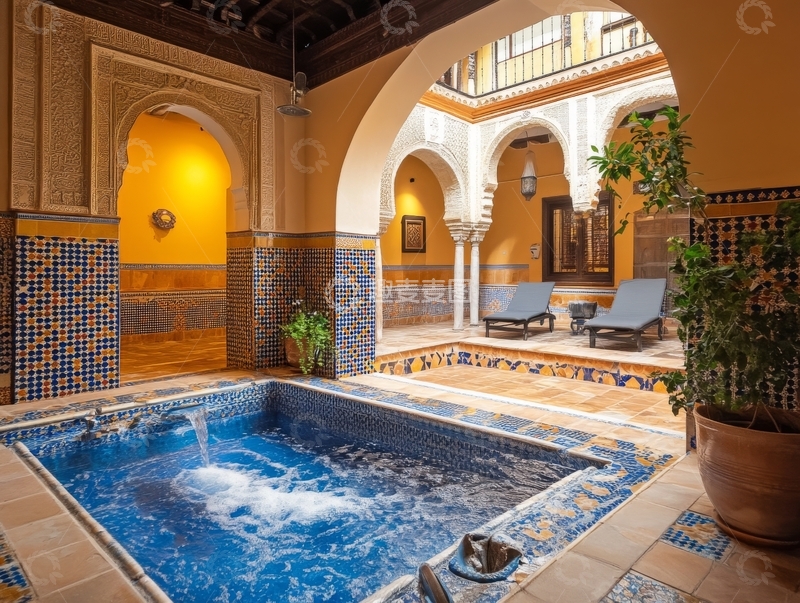 高清大图下载【趣麦麦图】室内庭院泳池，摩洛哥风格装饰