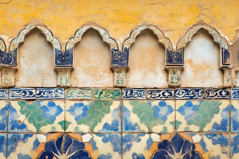 高清大图下载【趣麦麦图】拱形装饰下的彩色瓷砖墙