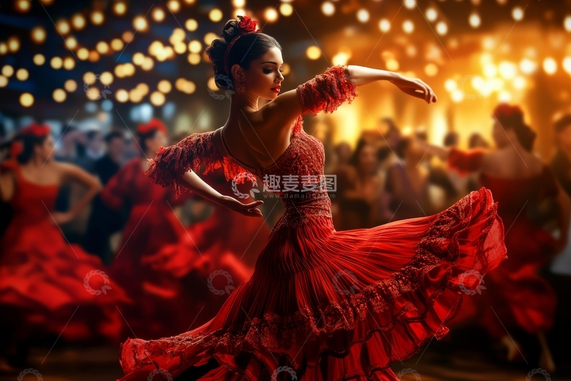 高清大图下载【趣麦麦图】热情的弗拉门戈舞者在灯光下翩翩起舞