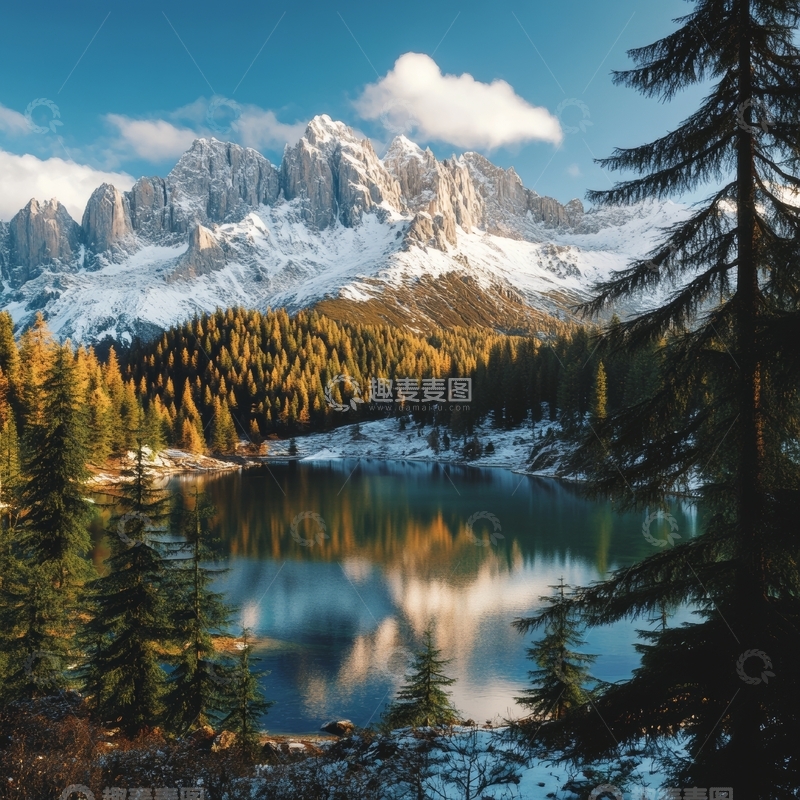 高清大图下载【趣麦麦图】雪山湖畔的秋日风光