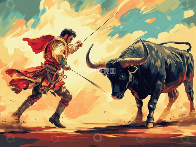 高清大图下载【趣麦麦图】斗牛士与公牛的激烈对决