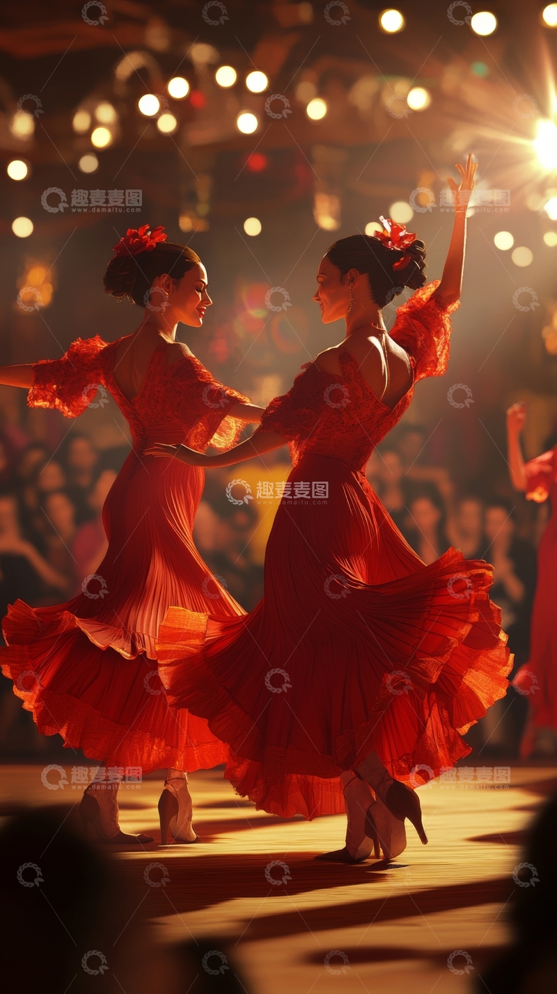 高清大图下载【趣麦麦图】红裙舞者在灯光下翩翩起舞