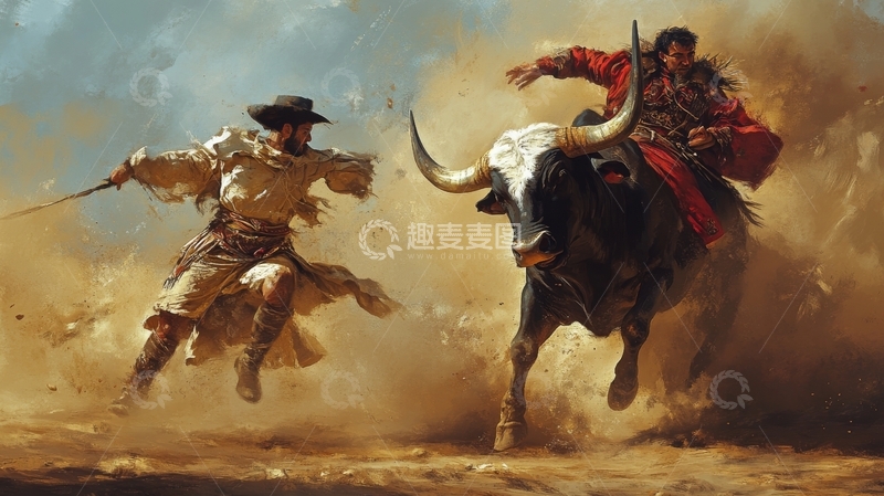 高清大图下载【趣麦麦图】斗牛士与骑牛者激烈对决