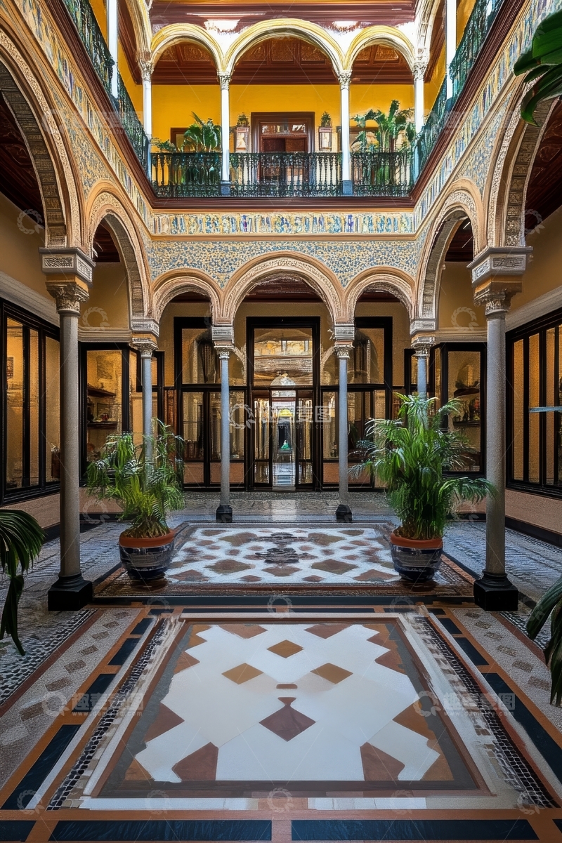 高清大图下载【趣麦麦图】华丽宫殿内部，拱门与瓷砖装饰