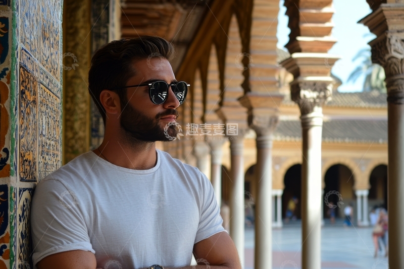 高清大图下载【趣麦麦图】男子倚墙，背景为拱廊柱