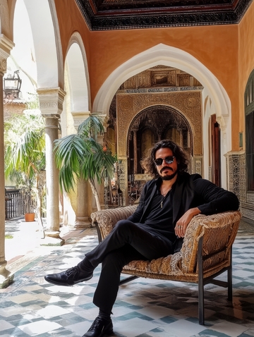 男子坐在复古庭院的藤椅上