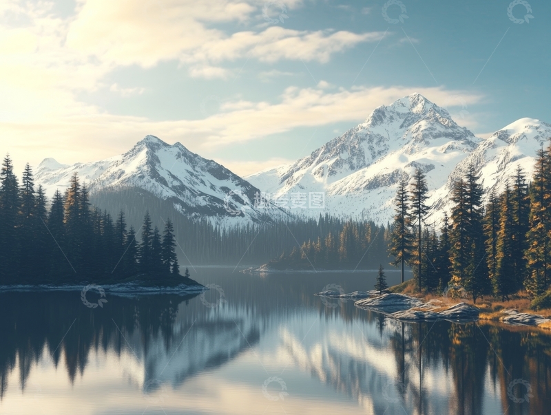 高清大图下载【趣麦麦图】雪山湖畔，静谧森林倒影