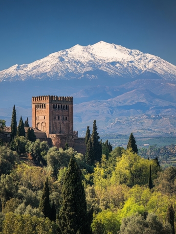 雪山前的古塔与绿树