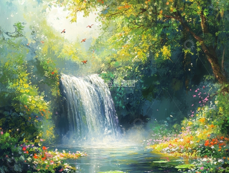 高清大图下载【趣麦麦图】瀑布森林，花鸟相伴