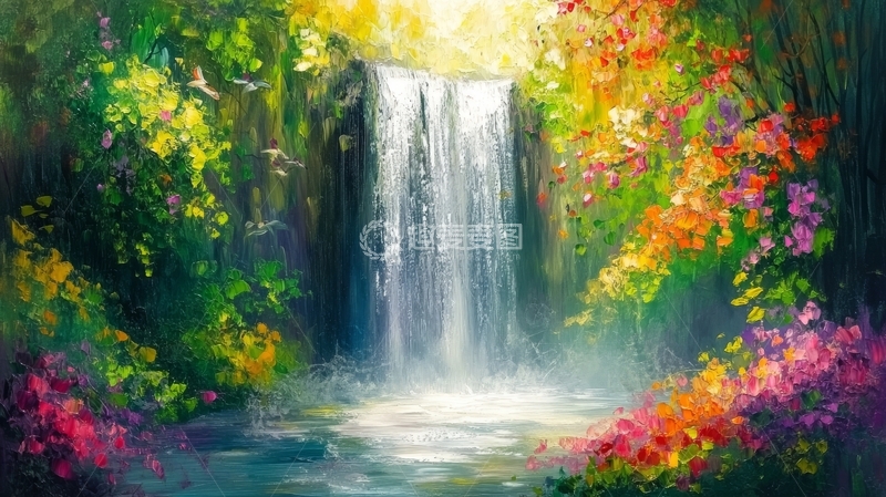 高清大图下载【趣麦麦图】瀑布环绕的多彩花丛