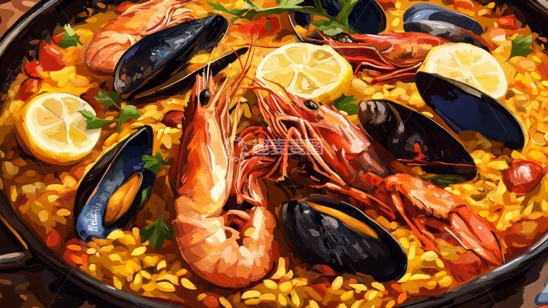 高清大图下载【趣麦麦图】海鲜饭：虾、贻贝与柠檬的美味组合