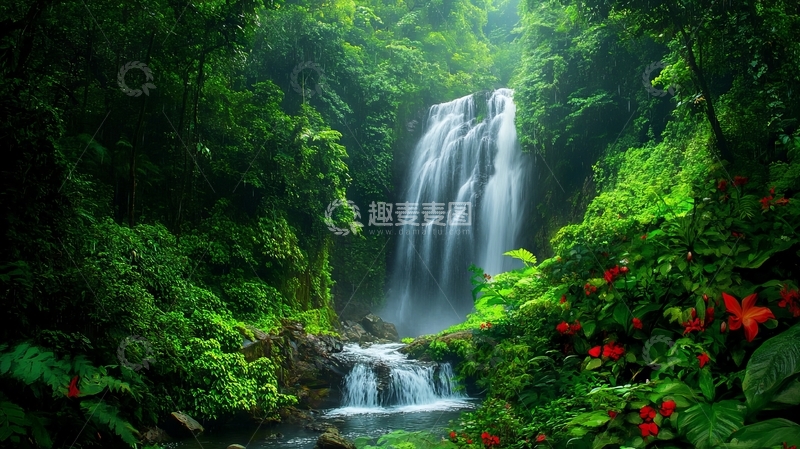 高清大图下载【趣麦麦图】热带雨林中的瀑布景观