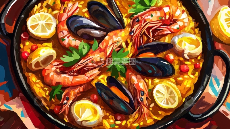 高清大图下载【趣麦麦图】海鲜烩饭：虾、贻贝与柠檬的美味组合