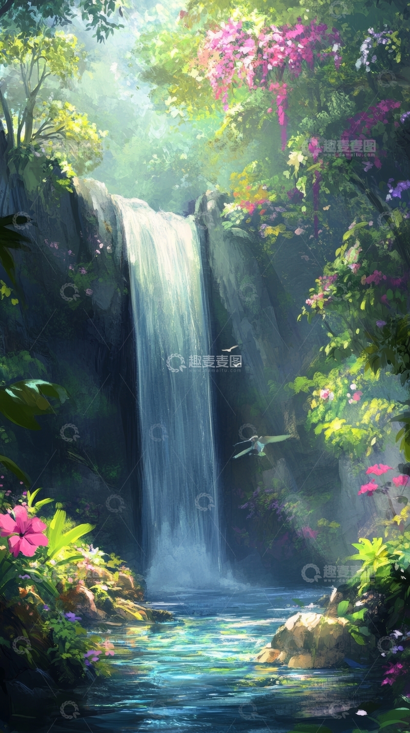 高清大图下载【趣麦麦图】瀑布环绕的热带雨林