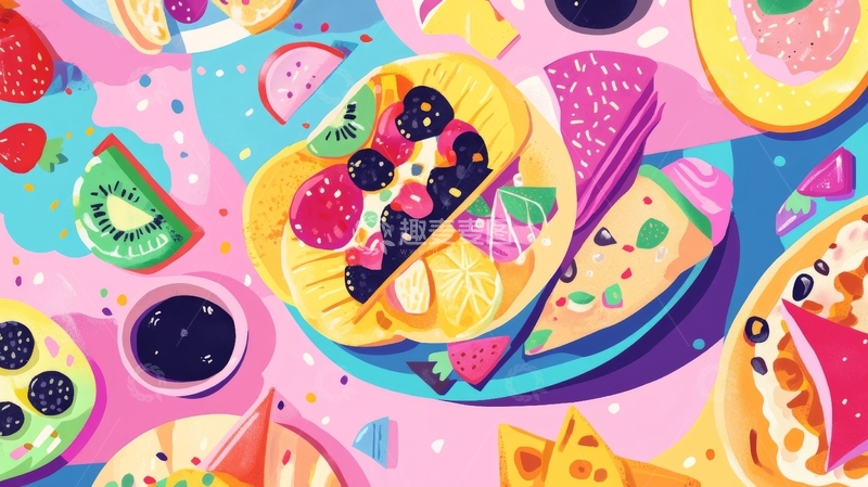 高清大图下载【趣麦麦图】色彩斑斓的水果与披萨拼盘