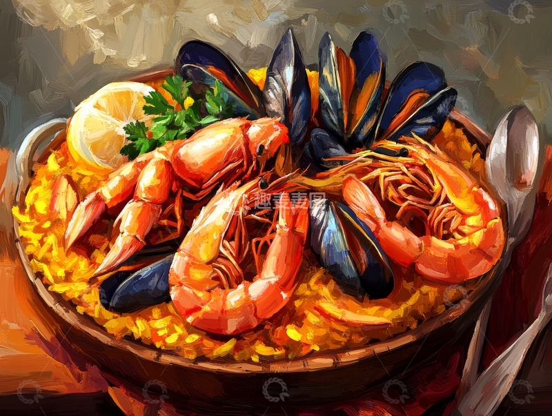 高清大图下载【趣麦麦图】海鲜烩饭：虾与贻贝的美味组合