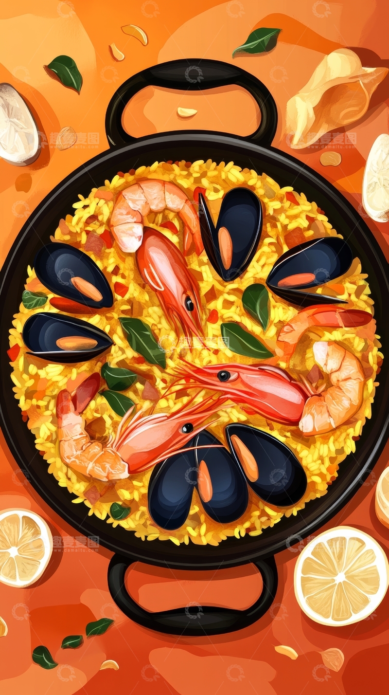 高清大图下载【趣麦麦图】海鲜烩饭：虾、贻贝与柠檬的美味组合