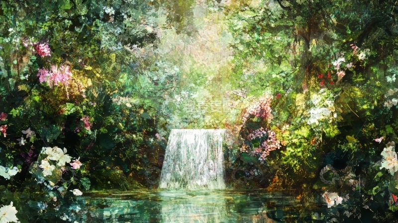 高清大图下载【趣麦麦图】林间瀑布，花丛环绕