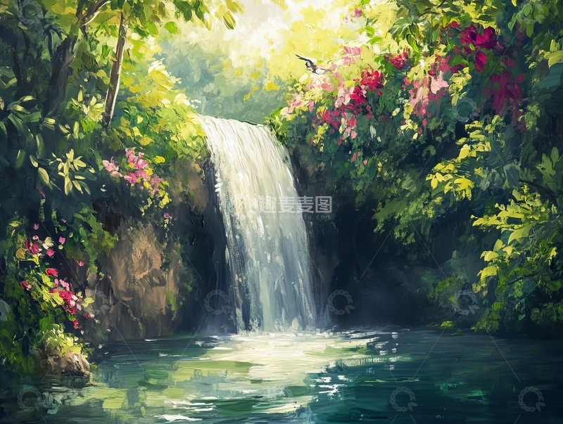 高清大图下载【趣麦麦图】瀑布环绕的热带雨林景观