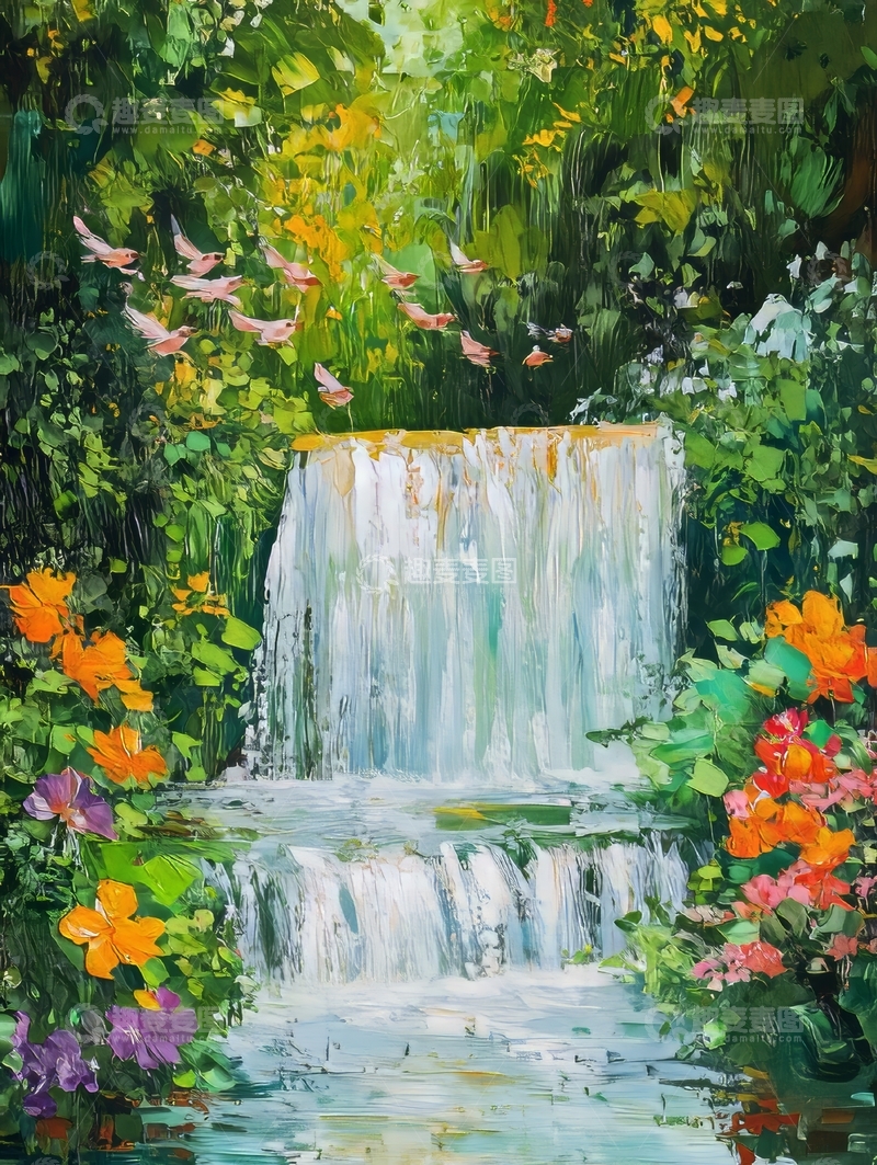 高清大图下载【趣麦麦图】瀑布花园，花鸟相伴