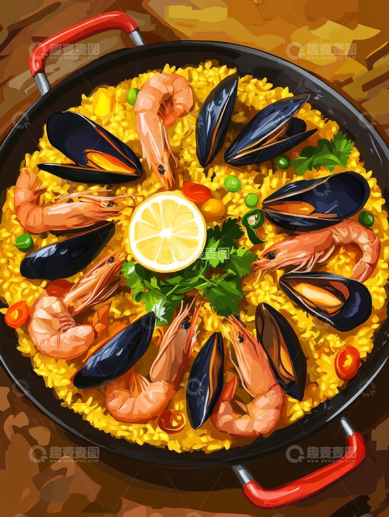 高清大图下载【趣麦麦图】海鲜烩饭：虾、贻贝与柠檬的美味组合