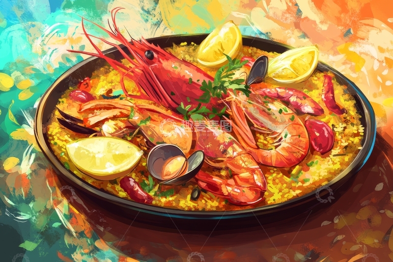 高清大图下载【趣麦麦图】海鲜烩饭：色彩斑斓的美食盛宴