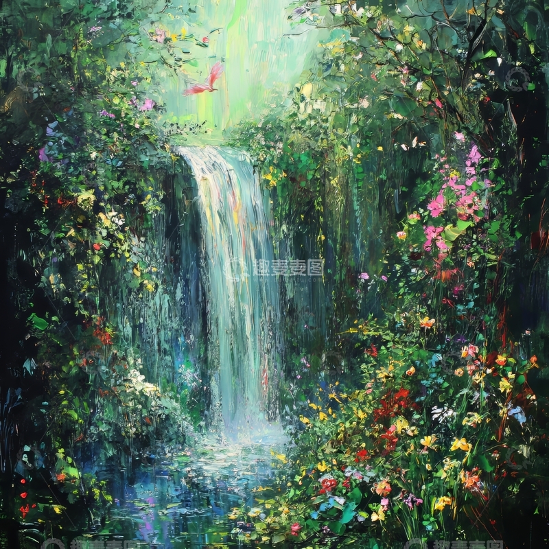 高清大图下载【趣麦麦图】瀑布环绕的花丛秘境
