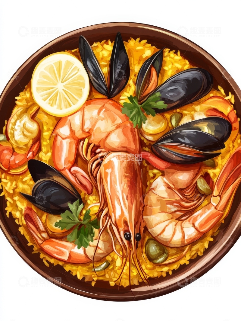 高清大图下载【趣麦麦图】海鲜饭配虾、贻贝和柠檬