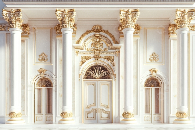 高清大图下载【趣麦麦图】华丽宫殿门廊，金色装饰与白色柱子