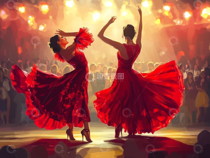 高清大图下载【趣麦麦图】红裙舞者在灯光下翩翩起舞
