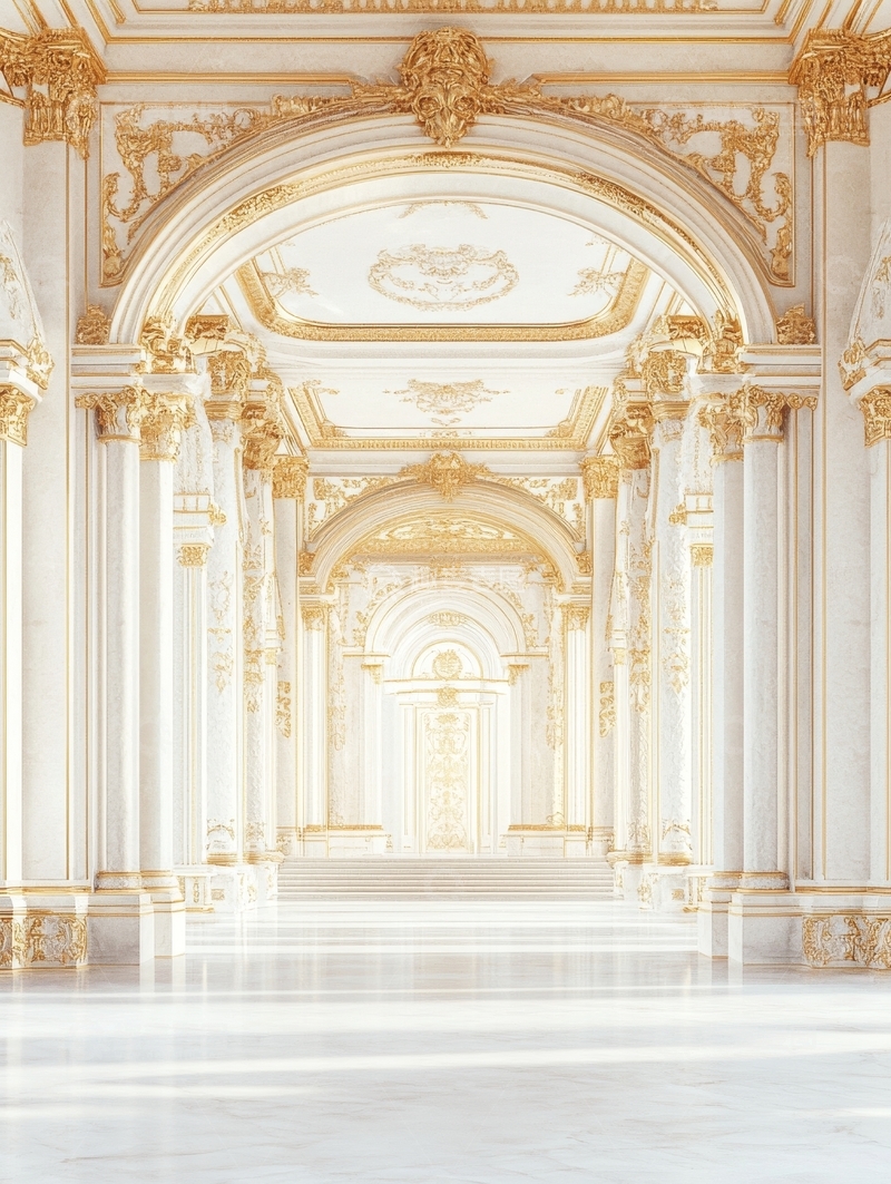 高清大图下载【趣麦麦图】华丽宫殿走廊，金色装饰拱门