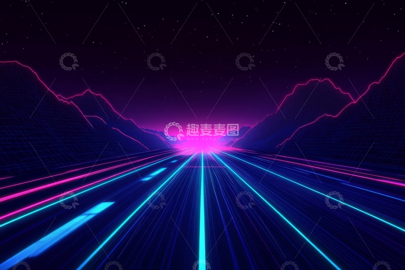 高清大图下载【趣麦麦图】霓虹山峦与光轨的未来景象