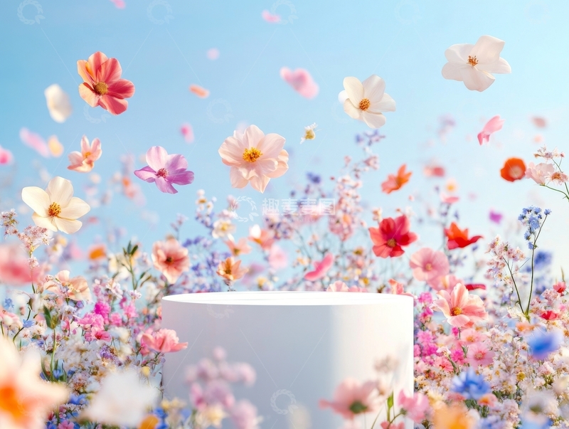 高清大图下载【趣麦麦图】花海中的白色圆台，花瓣随风飘扬