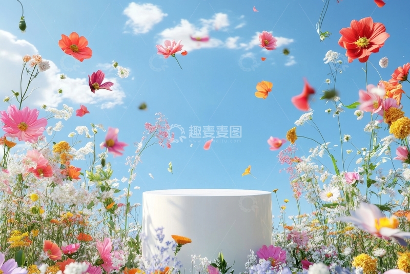 高清大图下载【趣麦麦图】花海中的白色圆柱与蓝天