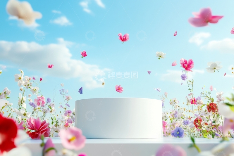 高清大图下载【趣麦麦图】花海中的白色圆柱体与蓝天