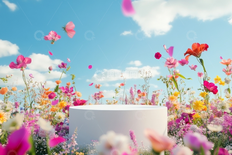 高清大图下载【趣麦麦图】花海中的白色圆台，蓝天白云背景