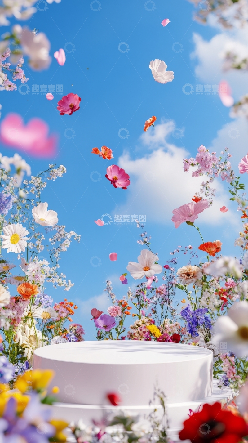 高清大图下载【趣麦麦图】花海中的白色台面与蓝天