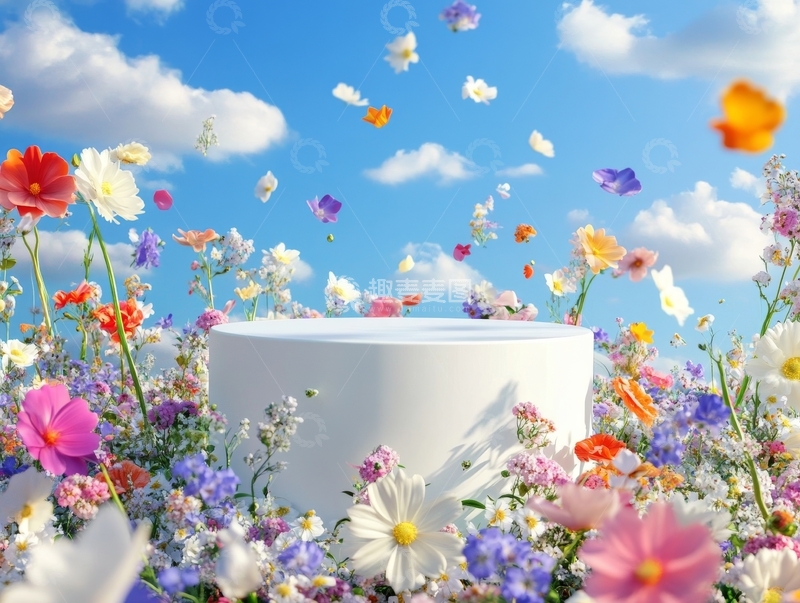 高清大图下载【趣麦麦图】花丛中的白色圆柱体与蓝天