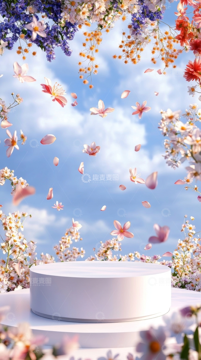 高清大图下载【趣麦麦图】花海中的白色圆台与飘落花瓣