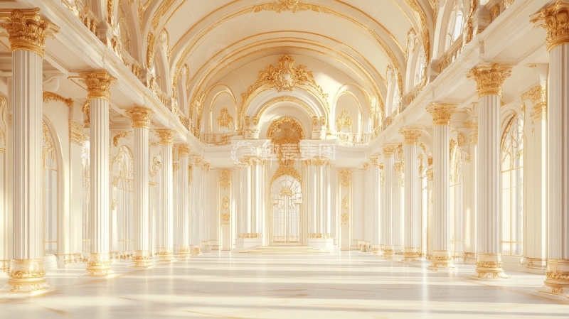 高清大图下载【趣麦麦图】华丽宫殿内部，金色装饰的拱顶长廊
