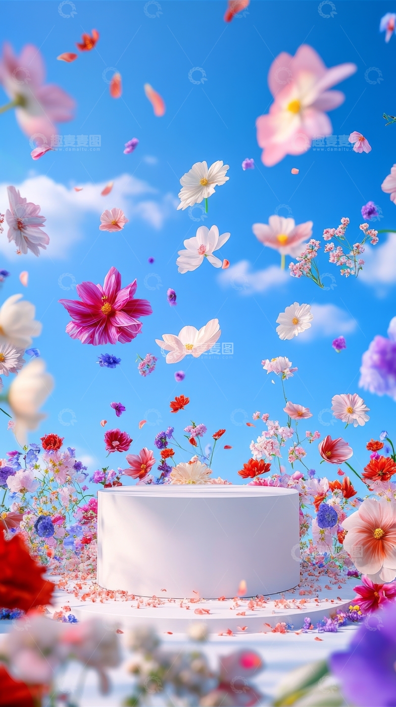 高清大图下载【趣麦麦图】花海中的白色圆柱与蓝天