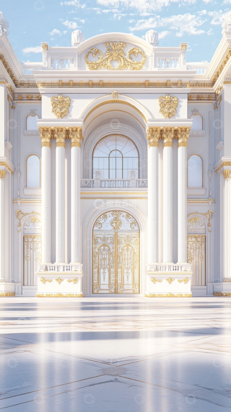 高清大图下载【趣麦麦图】宏伟宫殿入口，金色装饰与白色大理石