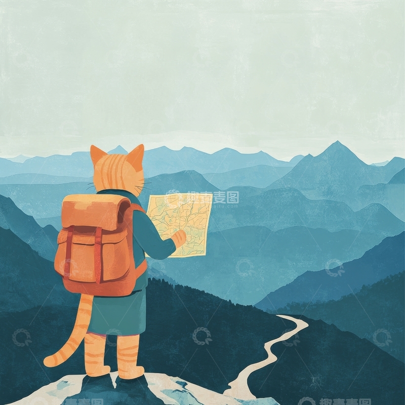 高清大图下载【趣麦麦图】猫形旅者眺望山川