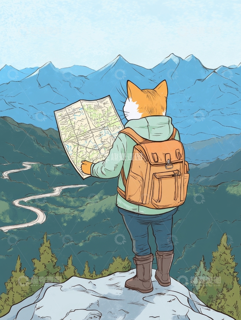 高清大图下载【趣麦麦图】猫背包客山顶查看地图