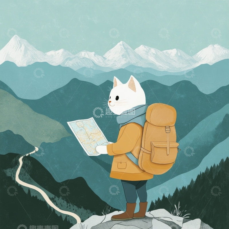 高清大图下载【趣麦麦图】猫咪探险家在山间查看地图