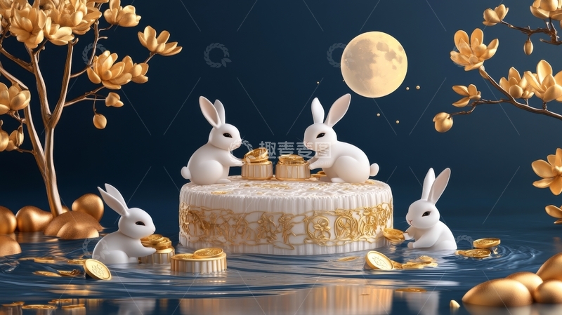 高清大图下载【趣麦麦图】玉兔围坐蛋糕旁，金花满月映夜景