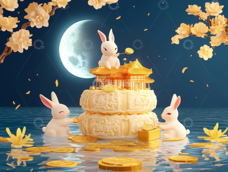高清大图下载【趣麦麦图】月宫仙境：玉兔与金币的奇幻夜